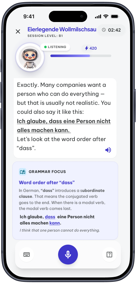 Grammar focus screen explaining word order after 'dass'
